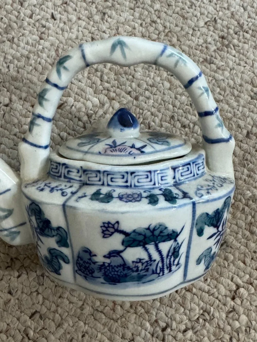 Asian Ceramic Teapot Small Bamboo Shaped Handle Bird Motif